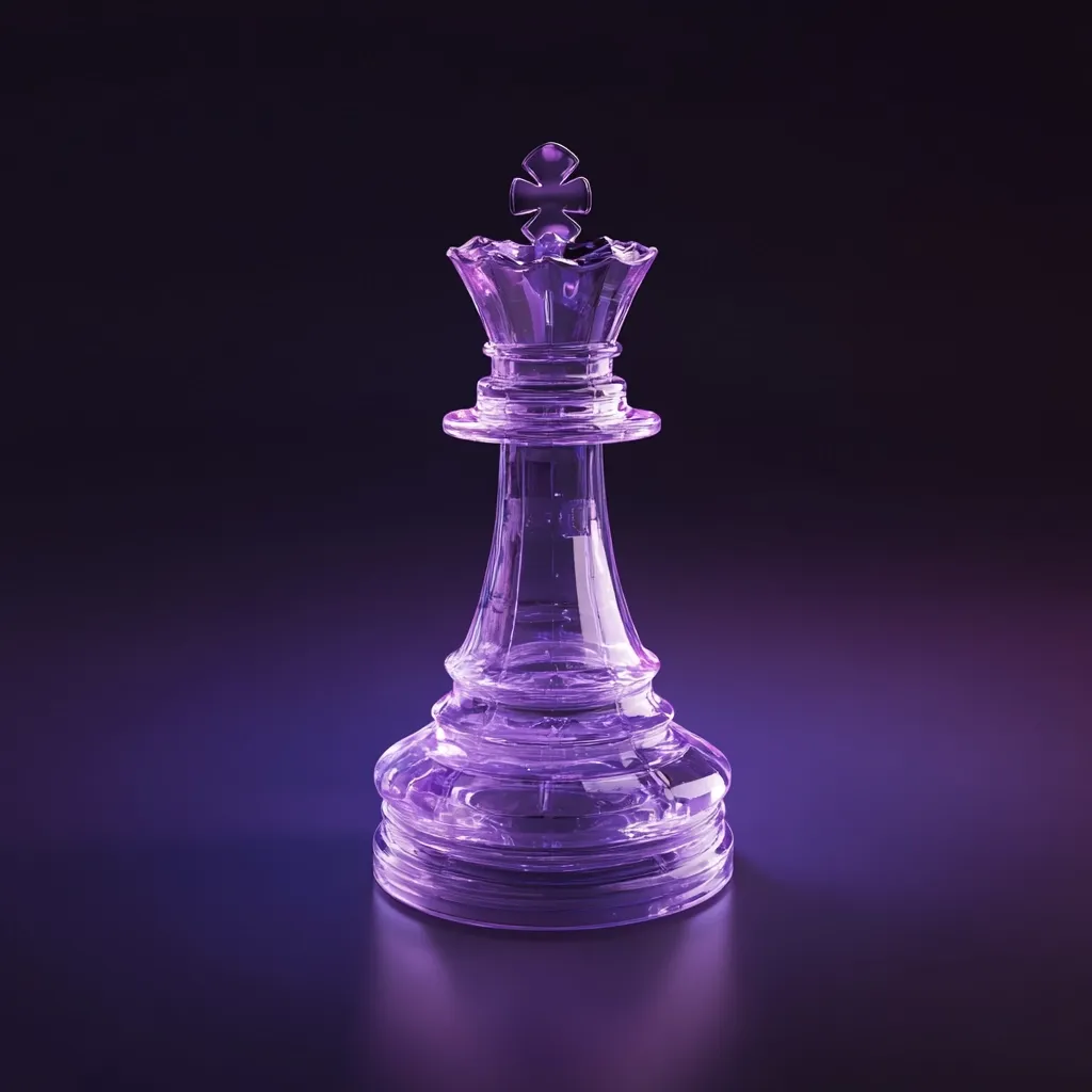 A glass chess queen, rendered in vibrant purple hues, stands on a dark reflective surface.  The translucent material allows light to subtly illuminate the piece, highlighting its intricate details. The queen's crown and base are clearly visible, showcasing a sleek, modern design. The overall image conveys power, strategy, and a sense of elegance.