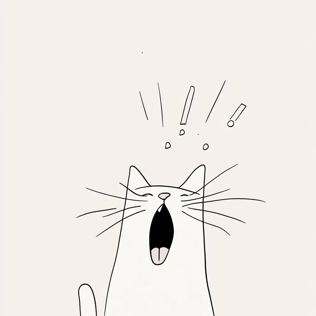 A minimalist drawing of a white cat with its mouth wide open, as if meowing loudly.  Exclamation marks and small circles float above it, suggesting a vocalization or outburst. The cat's simple lines and the light background create a clean, modern aesthetic. The overall impression is one of playful energy and a cute, cartoonish style.