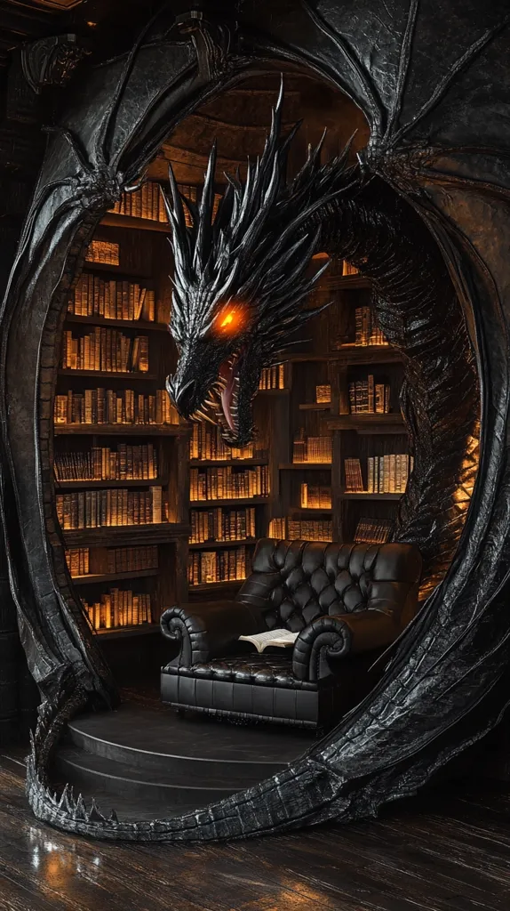 A dramatic digital illustration depicts a dark, ornate library alcove.  A colossal black dragon's head and part of its body form the alcove's architecture, its fiery eyes glowing menacingly.  Inside, a richly upholstered leather armchair sits before shelves brimming with illuminated books, creating a mystical and luxurious reading space.  The dark wood floor and overall aesthetic contribute to the image's fantasy-like quality.