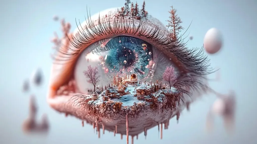 A surreal digital art piece depicts a human eye where the iris is a miniature winter wonderland.  A snowy landscape with small trees and a structure is nestled within the pupil, creating a captivating contrast between the eye's anatomy and the fantastical scene.  Icicles drip from the lower eyelid, enhancing the dreamlike quality.  The overall effect is both beautiful and unsettling.