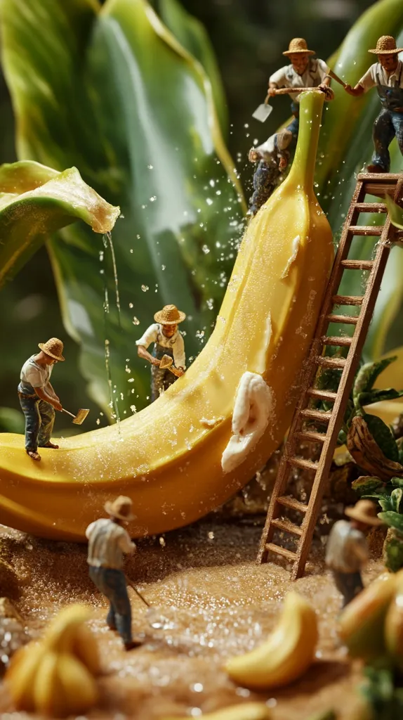Miniature figures of farmers work on a giant banana, using tools and a ladder.  Water splashes around them as they tend to the enormous fruit, which is positioned amongst lush green foliage. The scene is meticulously detailed, creating a whimsical and surreal contrast between scale and subject matter.  The overall impression is one of playful artistry and miniature world-building.