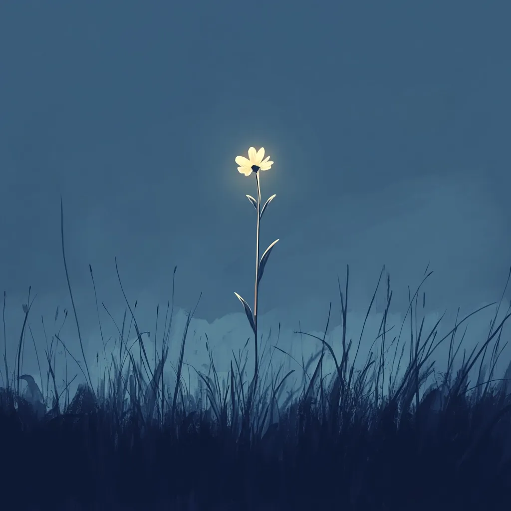 A single, luminous flower stands tall amidst a field of dark, silhouetted grass against a twilight blue sky.  The flower's glow contrasts sharply with the surrounding darkness, creating a serene yet poignant image.  The artwork evokes feelings of hope, resilience, and the beauty of individuality in challenging circumstances.