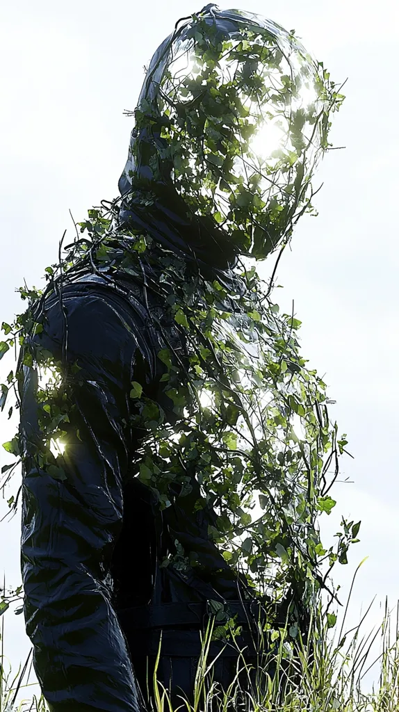 A figure is almost completely enveloped by vibrant green ivy, obscuring its features.  The dark, possibly fabric, form beneath suggests a human-like shape.  Sunlight filters through the leaves, creating a dappled effect on the figure's obscured face. The overall impression is one of both concealment and integration with nature. The figure stands in tall grass, further blending it into its environment.