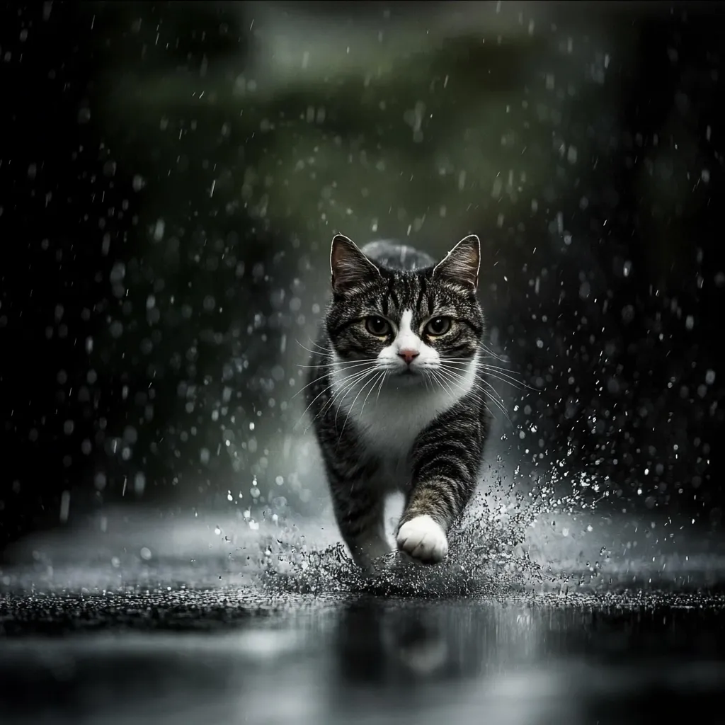 A tabby cat with white chest and paws strides purposefully through a rain-soaked street.  Water splashes around its paws as it moves forward, its gaze fixed on the viewer. The background is dark and blurry, emphasizing the cat and the dynamic action of the scene.  Rain droplets create a misty atmosphere, enhancing the dramatic lighting.