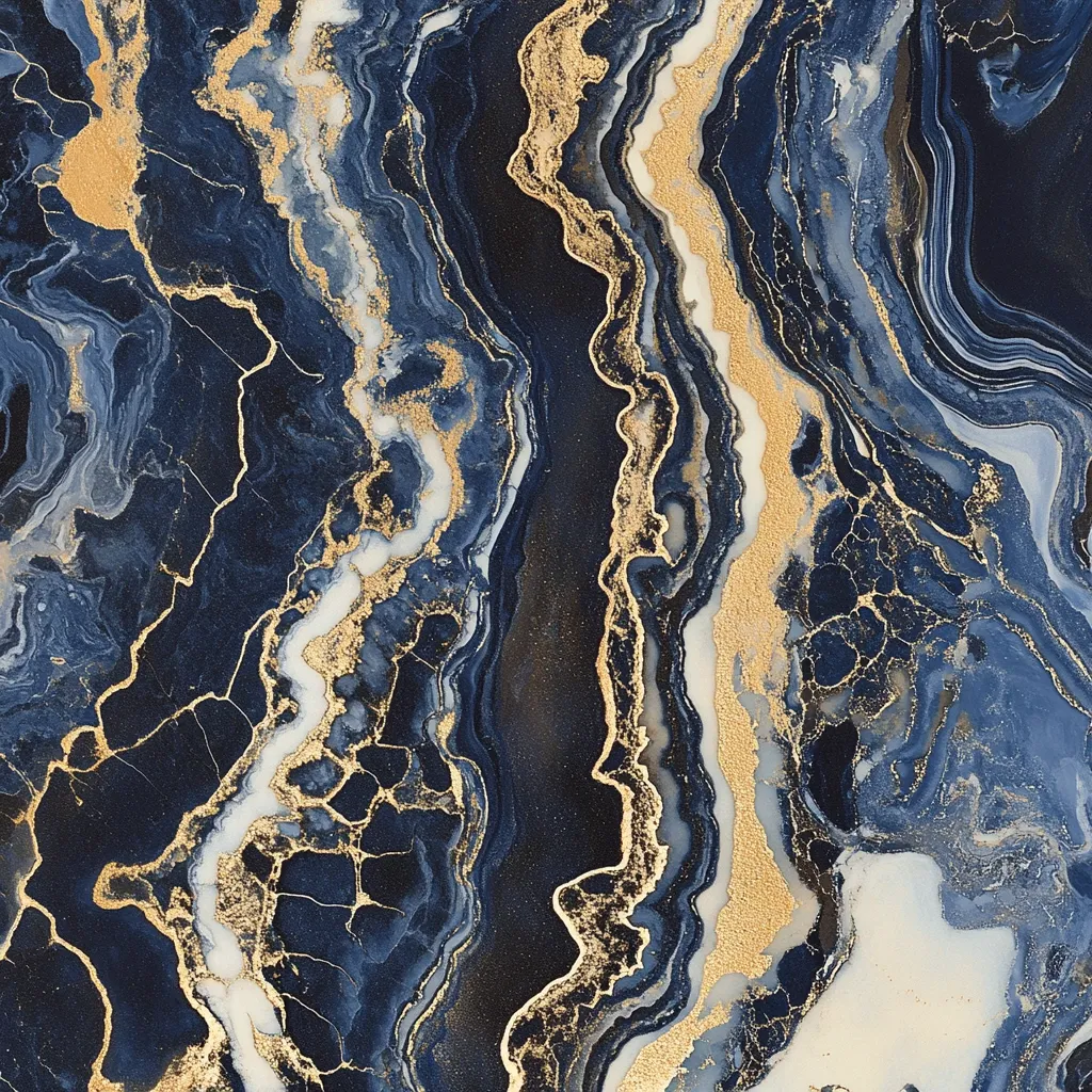 The image showcases a mesmerizing abstract marble design.  Deep navy and midnight blue hues swirl and intertwine, creating a dynamic, flowing pattern.  Intricate, gold veins and flecks are scattered throughout, adding a luxurious, metallic accent to the cool-toned background. The texture appears rich and fluid, evoking the look of precious stone.