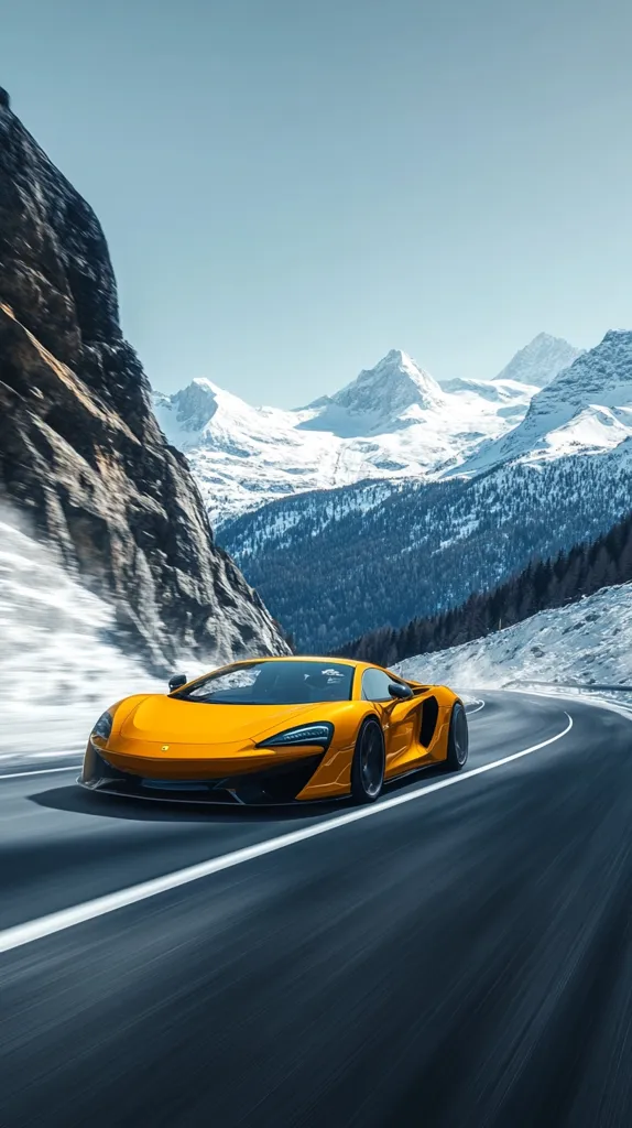 A vibrant yellow McLaren sports car speeds along a winding mountain road.  Snow-capped peaks and a wintery landscape form a breathtaking backdrop. The car's sleek design contrasts sharply with the rugged, snow-dusted terrain.  The motion blur emphasizes the speed and exhilaration of the drive.