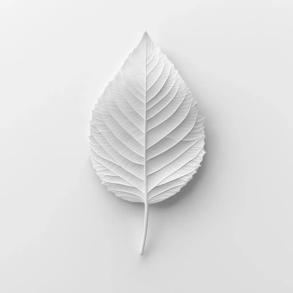 A single, white leaf is centrally positioned against a stark white background.  The leaf's veins are clearly visible, creating a textured effect. The monochromatic palette and minimalist composition emphasize the leaf's form and delicate structure.  The image evokes a sense of serenity and simplicity.