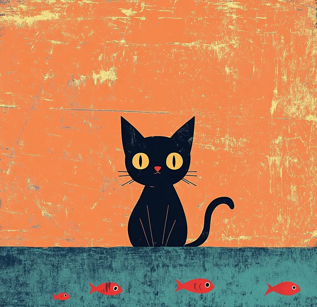 A stylized black cat with large, round eyes sits against a textured, orange background.  Below, on a teal surface, three small red fish swim, adding a playful contrast to the cat's serious expression. The overall style is minimalist and retro, with a slightly distressed texture enhancing the vintage feel.