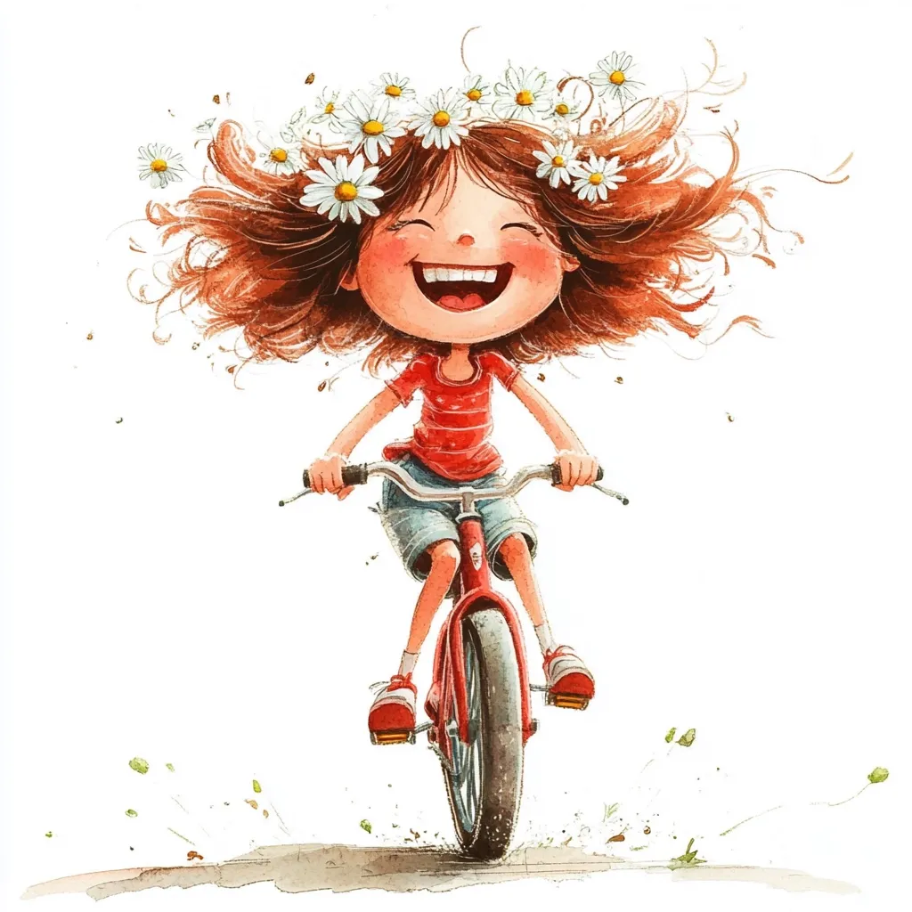 A joyful girl with wild, brown hair adorned with a daisy crown rides a red bicycle.  Her wide, beaming smile and windswept hair convey pure happiness.  The watercolor style adds a whimsical touch to the scene, suggesting carefree summer fun.  Small details, like scattered grass and dirt, enhance the lively feeling of motion.