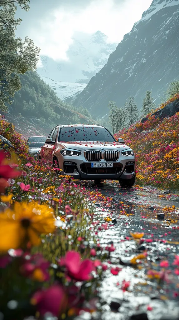 A silver BMW X3 SUV drives down a narrow mountain road, petals scattered on its windshield and the wet road.  Vibrant wildflowers in pink, yellow, and orange bloom profusely on either side of the path, creating a breathtakingly scenic contrast against the majestic, snow-capped mountains in the background. A second vehicle is visible further up the road. The scene is serene and picturesque.