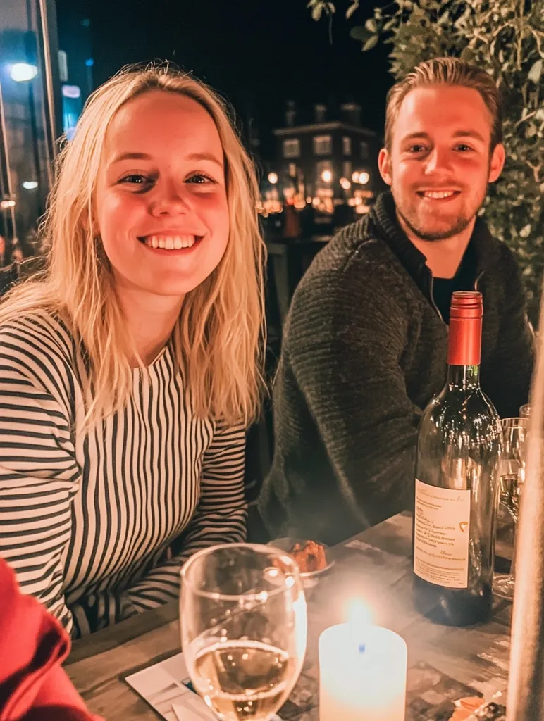A young couple enjoys a romantic dinner outdoors. The woman wears a striped shirt, and the man a dark sweater.  A bottle of wine sits on the table between them, along with lit candles and wine glasses.  The background is blurred, showing city lights and foliage.  The scene is warm and intimate.