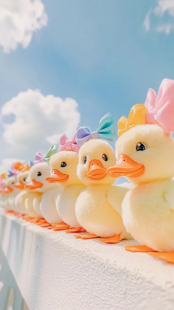 A row of fluffy yellow duck plushies sits on a white fence against a bright blue sky.  Each duck wears a pastel-colored bow. The ducks are arranged in a line, creating a cheerful and whimsical scene. The image is bright, airy, and evokes a feeling of springtime happiness.  The soft focus and pastel colors create a dreamy aesthetic.