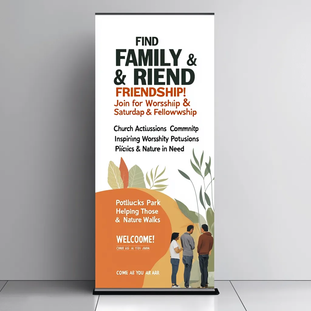 This retractable banner advertises a community event focused on family and friendship.  It invites participation in worship, fellowship, picnics, nature walks, and helping those in need.  The event includes potlucks in a park. The banner features a welcoming message and encourages attendees to come as they are.  There are some minor spelling errors in the text.