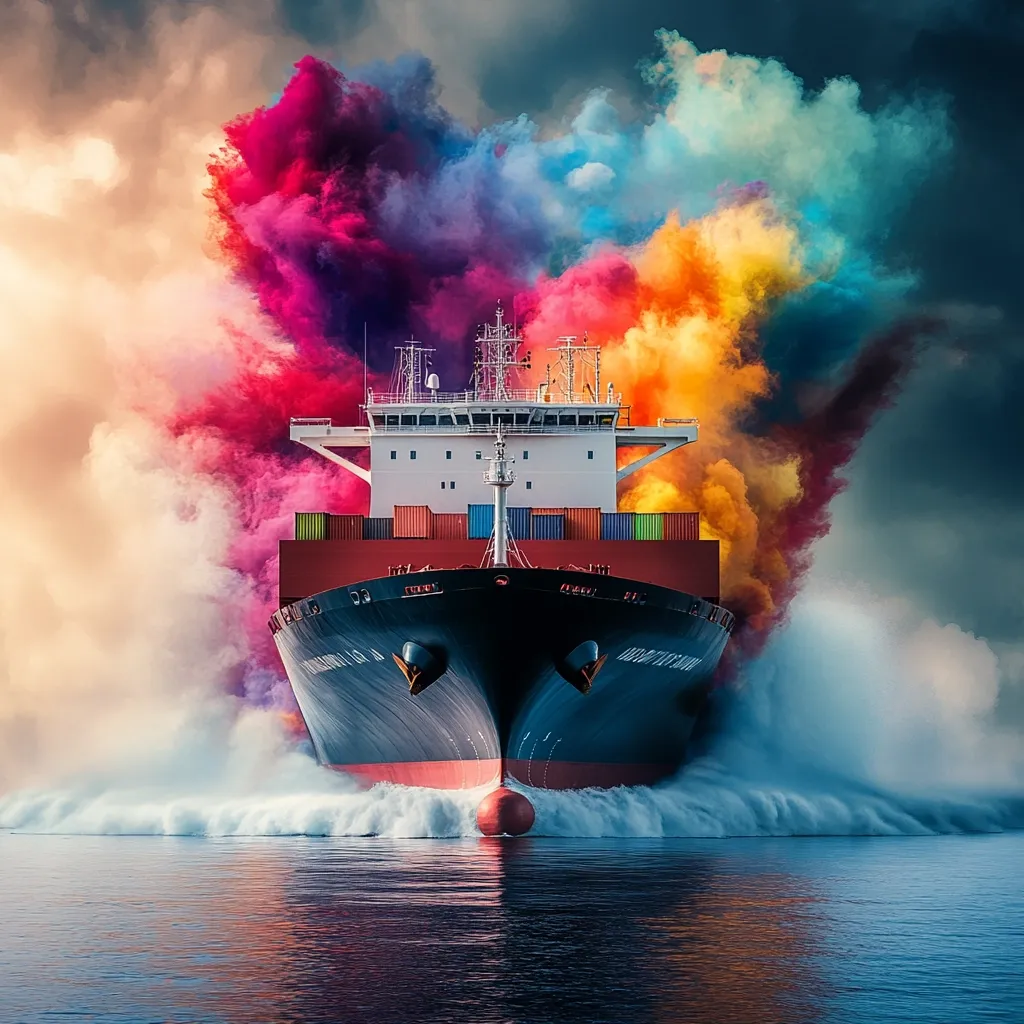 A large container ship powerfully cuts through the ocean, leaving a dramatic wake.  Behind it, a vibrant explosion of multicolored smoke billows, creating a surreal and dynamic scene. The contrast between the ship's industrial form and the explosion of color is striking, suggesting a powerful and colorful journey. The image is captivating and visually arresting.