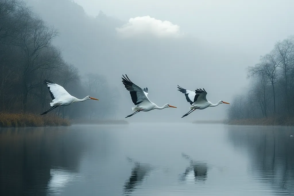 Three elegant white birds with black wingtips fly in formation over a tranquil lake.  A misty fog hangs over the serene landscape, with bare trees lining the water's edge. The scene evokes a sense of peace and tranquility, mirroring the birds' graceful flight.  The calm water reflects the birds and the sky, creating a symmetrical and peaceful image.