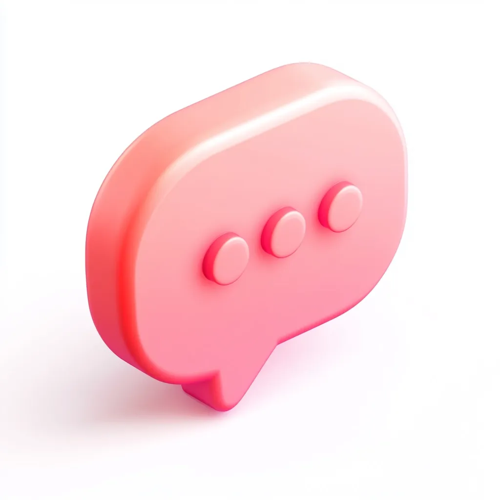 A three-dimensional, light pink speech bubble is presented against a white backdrop.  The bubble is subtly shaded, giving it a glossy, almost plastic-like appearance. Three smaller circles within the bubble symbolize a message or conversation, conveying a sense of communication or messaging. The overall design is clean and modern.