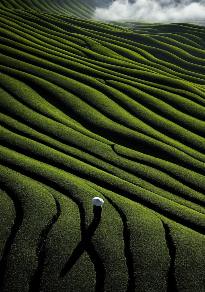 A lone figure, holding a parasol, stands amidst rolling, vibrant green hills. The landscape is sculpted into a series of undulating lines, creating a mesmerizing pattern. The individual's small size emphasizes the vastness and beauty of the natural formation, a scene that evokes a sense of tranquility and solitude.  The light casts long shadows, enhancing the three-dimensionality of the landscape.