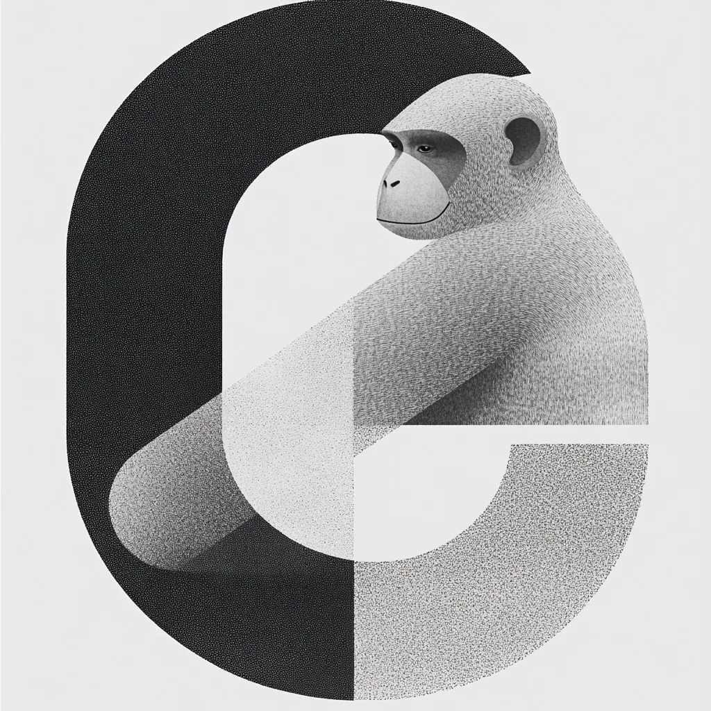A stylized grayscale illustration depicts a monkey's profile seamlessly integrated within an abstract geometric design resembling the letter "G".  The monkey is rendered with a textured, almost pointillist style, contrasting with the smooth curves of the abstract form. The overall composition is minimalist and elegant, showcasing a harmonious blend of organic and geometric elements.