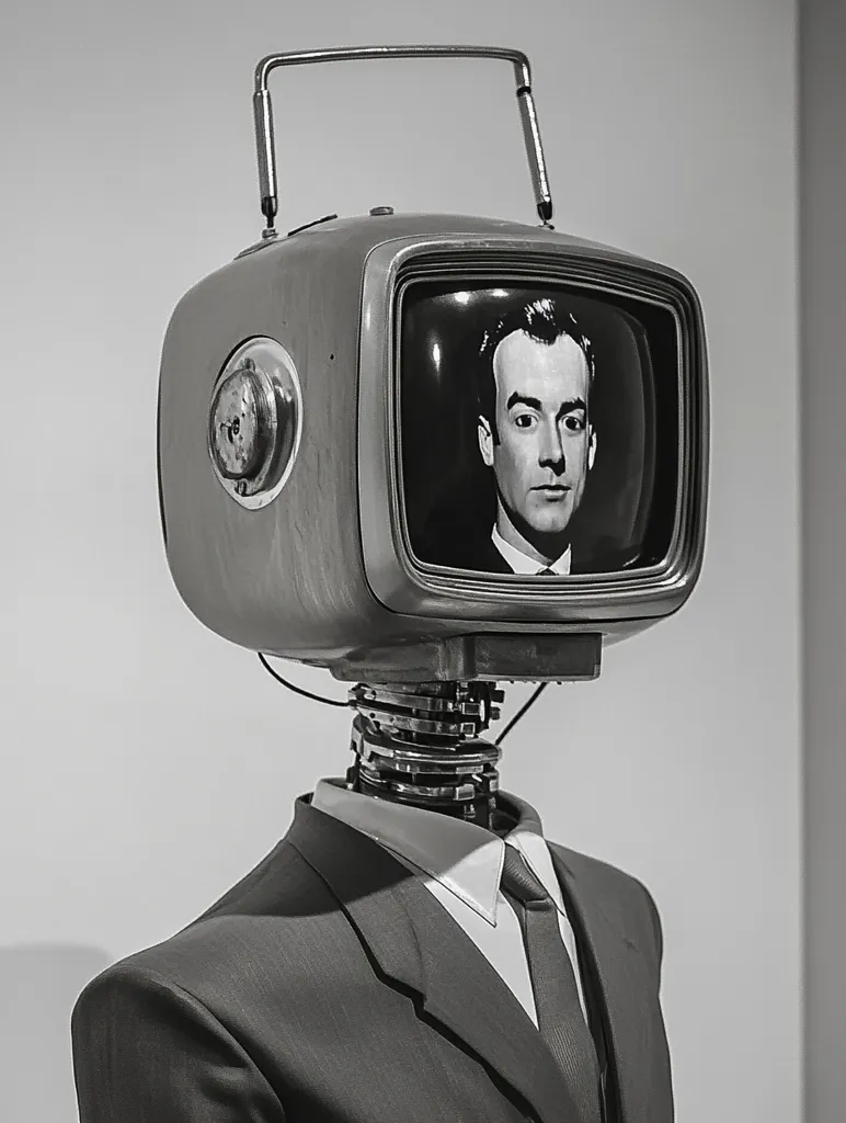 A black and white image depicts a robot with a vintage television set for a head.  The TV screen displays a man's portrait. The robot wears a suit and tie, creating a surreal juxtaposition of technology and human appearance. The monochromatic palette enhances the retro aesthetic, suggesting a commentary on media, identity, or artificial intelligence.