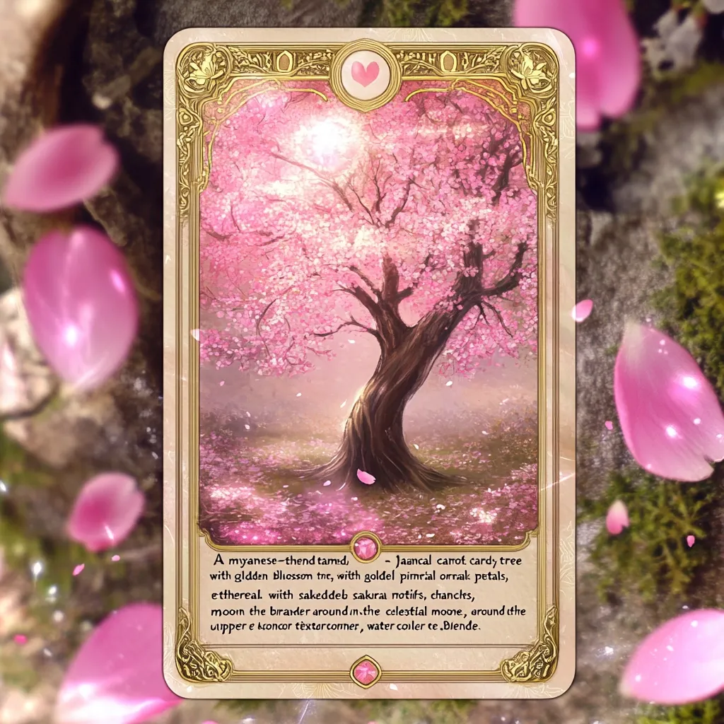 A card depicts a whimsical, blossoming cherry tree in a soft, pink-hued landscape.  Falling petals surround the ornate, gold-framed card. The description below uses evocative, invented language to describe the artwork's ethereal and romantic beauty.  The overall aesthetic is dreamy and fantastical.