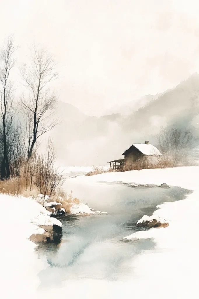 A serene watercolor painting depicts a snow-covered winter landscape. A small, rustic cabin sits on the banks of a gently flowing river, partially frozen.  Bare trees stand silhouetted against a hazy background of snow-dusted mountains under a pale sky. The overall mood is tranquil and peaceful, evoking a sense of quiet solitude.  The soft colors and brushstrokes create a delicate and atmospheric scene.