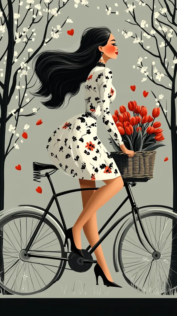 A stylish woman with long black hair rides a bicycle through a blossoming tree-lined path.  She wears a floral dress and carries a basket of red tulips.  Small red hearts float around her, adding a romantic touch to the scene. The illustration is done in a vintage style with bold colors and graphic lines.