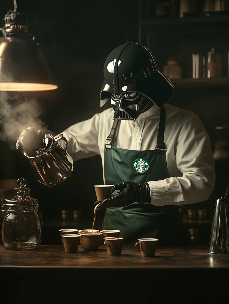 A person wearing a Darth Vader helmet and Starbucks apron pours coffee from a metal pot into small cups. Steam rises from the pot. The scene is dark and moody, with a vintage coffee shop setting. The juxtaposition of the iconic villain with the everyday task creates a humorous and intriguing image.  The focus is on the coffee-making process.