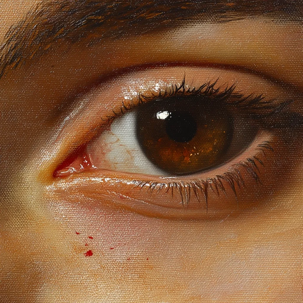 A close-up, highly detailed painting of a human eye. The eye is brown, with long dark lashes and a visible tear duct.  The skin around the eye is realistically rendered, showing fine details of texture and subtle shading.  Small, red markings suggest a minor injury or imperfection near the lower eyelid. The overall effect is hyperrealistic, emphasizing the beauty and fragility of the human eye.