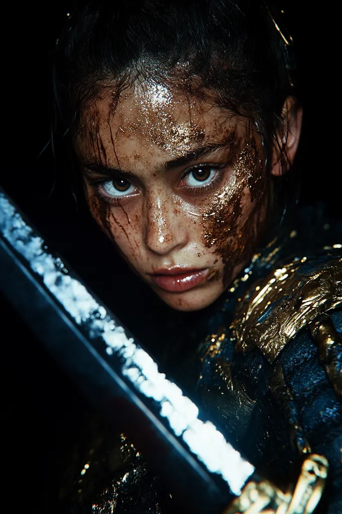 A young woman, her face smeared with mud and flecks of gold, stares intensely at the viewer.  She's clad in dark, ornate armor with gold accents, a katana partially obscuring her lower face.  Her expression is fierce, determined, and possibly weary, suggesting a recent battle or struggle.  The image is dark and dramatic, highlighting her resilient spirit.