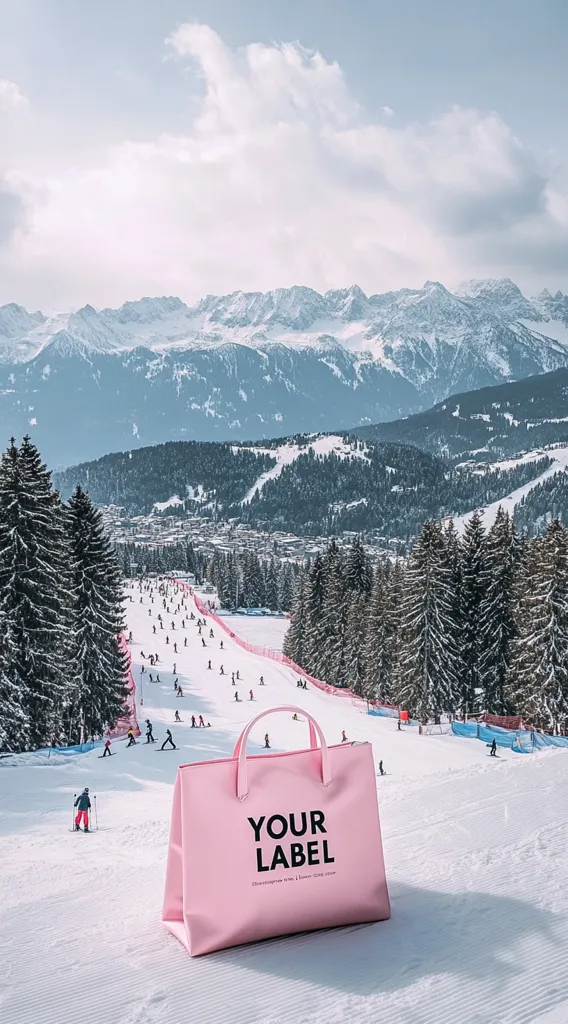 A light pink tote bag with "YOUR LABEL" printed on it sits in the snow atop a snowy mountain slope.  Skiers are visible on the slope below, with a picturesque snow-capped mountain range in the background. The scene evokes a feeling of luxury and winter sports. The bag is the focal point, contrasting against the pristine white snow and the vast winter landscape.