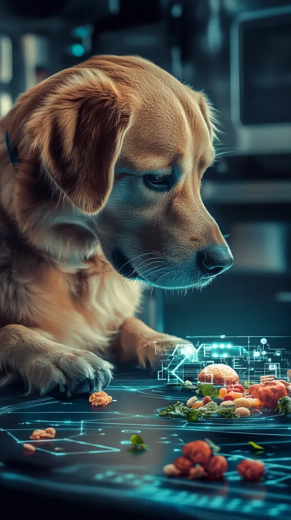 A golden retriever intently examines its futuristic food bowl.  The bowl displays a holographic projection of the meal's nutritional information and ingredients: colorful kibble, vegetables, and possibly treats. The dog's focused expression suggests curiosity and perhaps analysis of its technologically advanced dinner. The dark, sleek background enhances the futuristic feel of the scene.