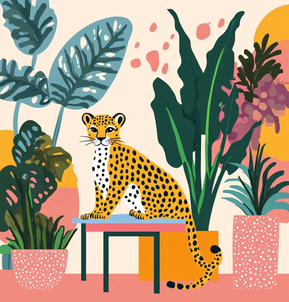 A stylized illustration features a cheetah calmly perched on a small, light blue table.  The cheetah is rendered in warm oranges and blacks, contrasting with the surrounding vibrant tropical foliage.  The plants are depicted in bold colors and shapes, housed in patterned pots, creating a playful, modern aesthetic.  The background is a soft peach tone, enhancing the overall cheerful and decorative style.