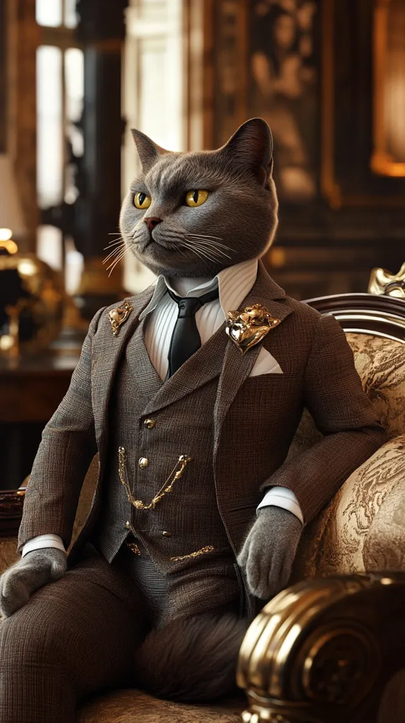 A grey British Shorthair cat is depicted in a meticulously crafted three-piece suit, complete with a crisp white shirt, dark tie, and gold pocket watch chain.  The cat sits regally in a plush, antique armchair within a richly decorated room, exuding an air of sophisticated elegance.  The image is a digitally created artwork, showcasing exceptional detail in both the cat and its surroundings.