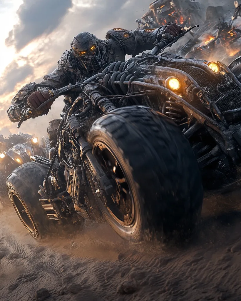 A heavily armored figure pilots a heavily modified, three-wheeled motorcycle across a sandy wasteland. The vehicle is rugged and futuristic, with exposed mechanical parts.  Other similar vehicles are visible in the background, suggesting a convoy or race.  The setting appears post-apocalyptic, with a fiery landscape visible in the distance.  The overall mood is one of gritty action and dystopian adventure.