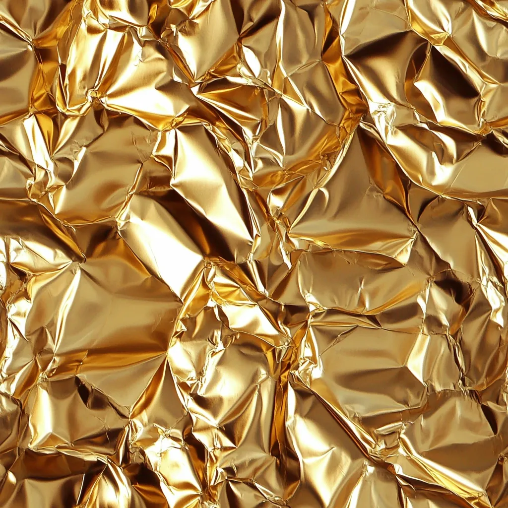 A close-up shot reveals a crumpled sheet of gold foil.  The foil's texture is deeply wrinkled and uneven, creating a dramatic interplay of light and shadow across its surface.  The gold color is rich and lustrous, reflecting light with varying intensity depending on the folds. The image is abstract, focusing on the visual impact of the metallic texture.