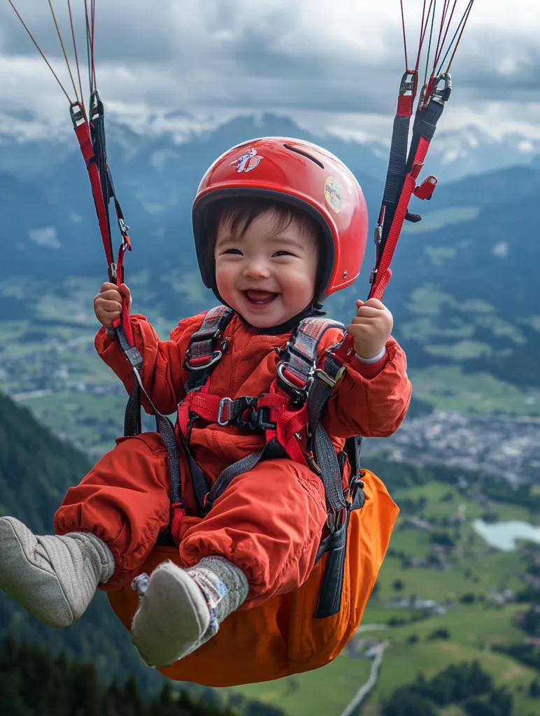 A happy baby, wearing a red helmet and jumpsuit, is strapped into a paragliding harness.  The baby beams, enjoying the breathtaking aerial view of a mountainous landscape far below.  The vibrant red of the baby's outfit contrasts beautifully with the lush green valley and distant snowy peaks. The scene captures a unique and joyful moment of adventure.