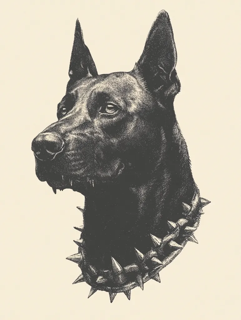 A detailed, black-and-white illustration showcases a Doberman Pinscher's head and shoulders.  The dog's expression is serious, its gaze directed to the viewer's left.  It wears a spiked collar, adding to its imposing presence. The style is reminiscent of a pen-and-ink drawing, with meticulous shading creating a textured, almost three-dimensional effect. The background is a simple, off-white, ensuring the dog remains the focus.