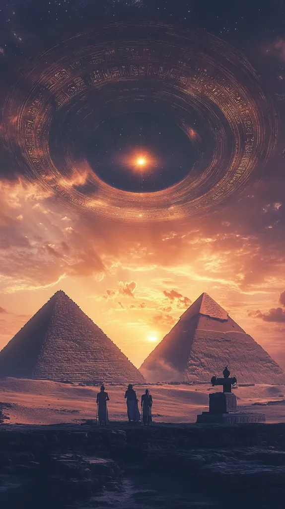 A breathtaking digital artwork depicts two majestic pyramids silhouetted against a vibrant sunset.  Above them, a colossal, ring-shaped object, adorned with ancient-looking inscriptions, hovers in the twilight sky. Three figures stand in the foreground, observing the awe-inspiring scene. The overall mood is one of mystery and wonder, hinting at a connection between ancient civilizations and extraterrestrial phenomena.