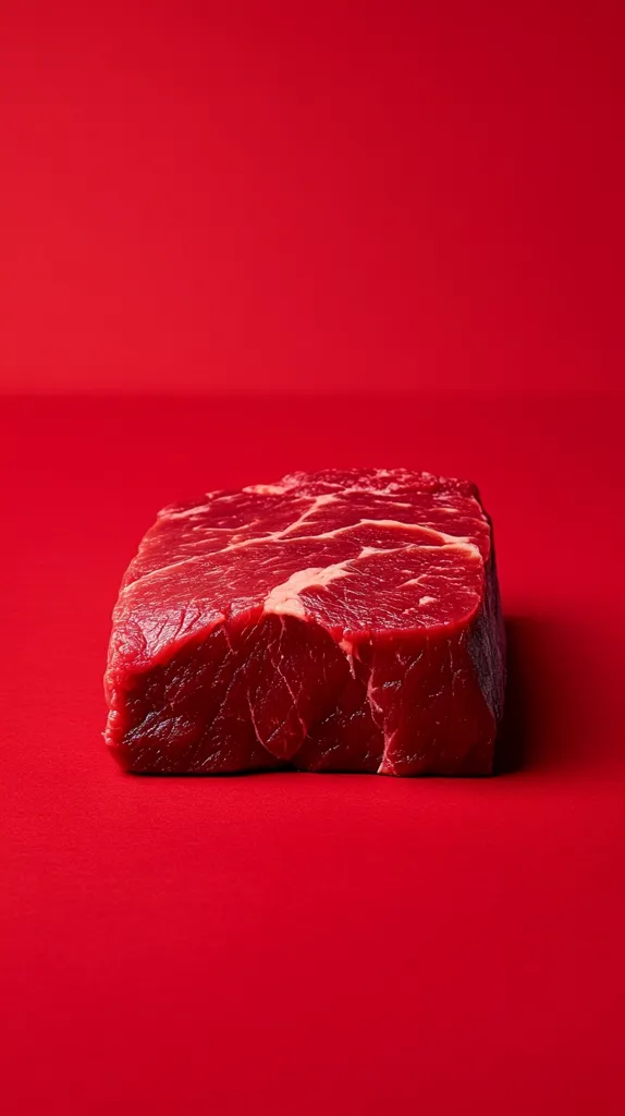 A thick cut of raw beef rests on a vibrant red background.  The beef's marbling is visible, showcasing its rich red color and texture. The stark contrast between the meat and the background creates a visually striking image, highlighting the uncooked steak's natural appearance.  The scene is simple yet dramatic.