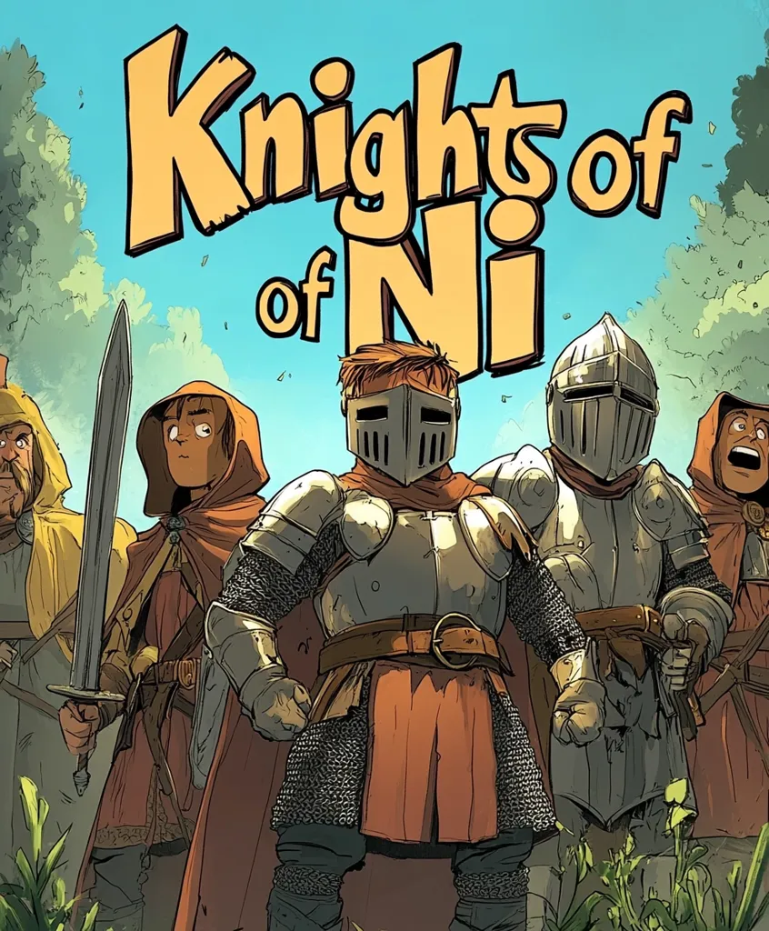 The cover art for "Knights of Ni" depicts a group of knights, one prominently featured in the center, wearing full plate armor.  Flanking him are other knights and individuals in cloaks, suggesting a fellowship or group on an adventure. The style is cartoonish, with vibrant colors and exaggerated features.  A large, stylized title dominates the top, creating a whimsical yet adventurous atmosphere.  The setting appears to be a forest or woodland area.
