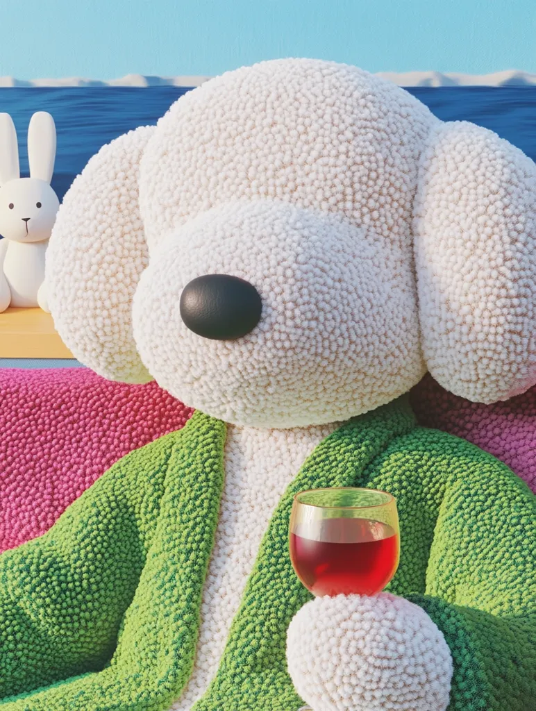 A fluffy white dog-like plush toy, wearing a green and pink robe, sits outdoors near a body of water.  The toy holds a glass of red wine. A small white rabbit plush is visible in the background. The scene is rendered in a 3D style with a textured, almost knitted appearance to the characters and their clothing. The overall mood is relaxed and whimsical.