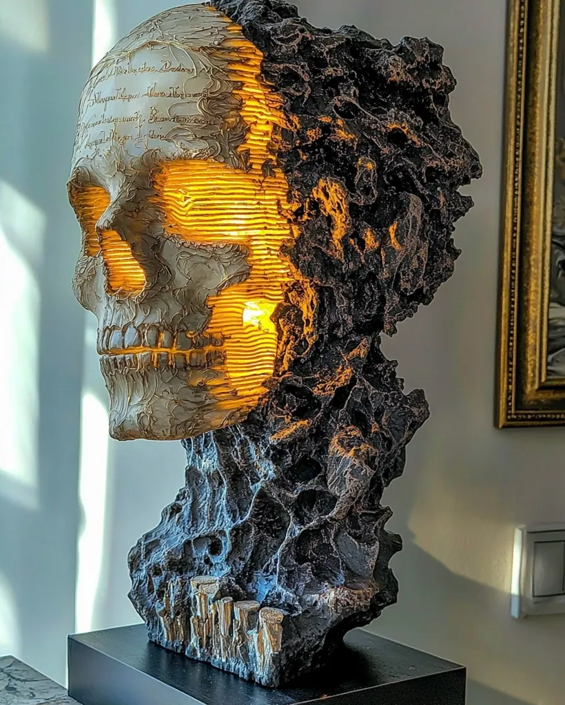 A unique table lamp features a skull intricately carved from a light-colored material, its surface adorned with script.  Half of the skull is illuminated from within, contrasting with the dark, rough-textured stone base that appears to emerge from the skull's back. The juxtaposition of the smooth skull and the rugged stone creates a striking visual effect. The lamp rests on a black base, adding to its dramatic presentation.