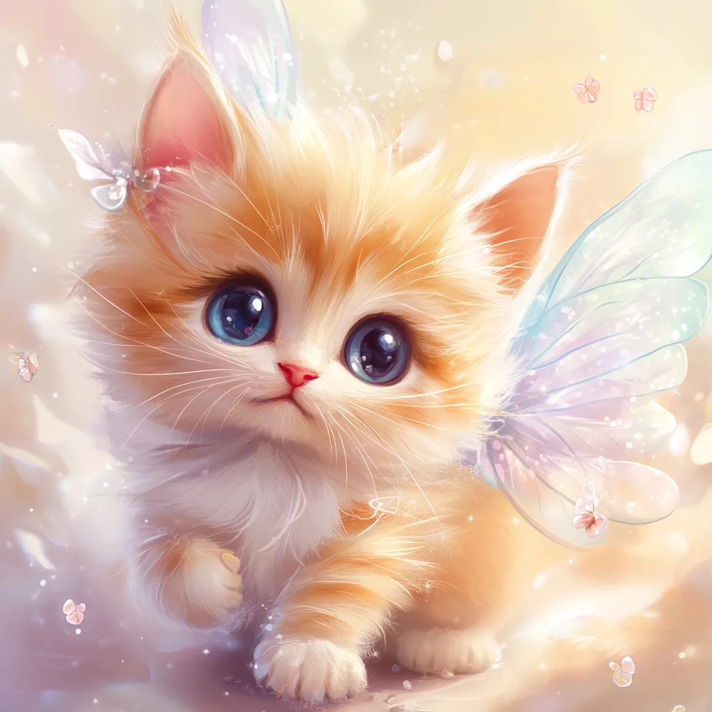 An adorable, fluffy orange kitten with large, expressive blue eyes is depicted in a whimsical digital painting.  Delicate, iridescent butterfly wings sprout from its back, adding to its enchanting appearance.  Surrounding the kitten are soft, pastel colors and floating butterflies, creating a magical, dreamlike atmosphere. The kitten's sweet expression and soft fur make it incredibly endearing.