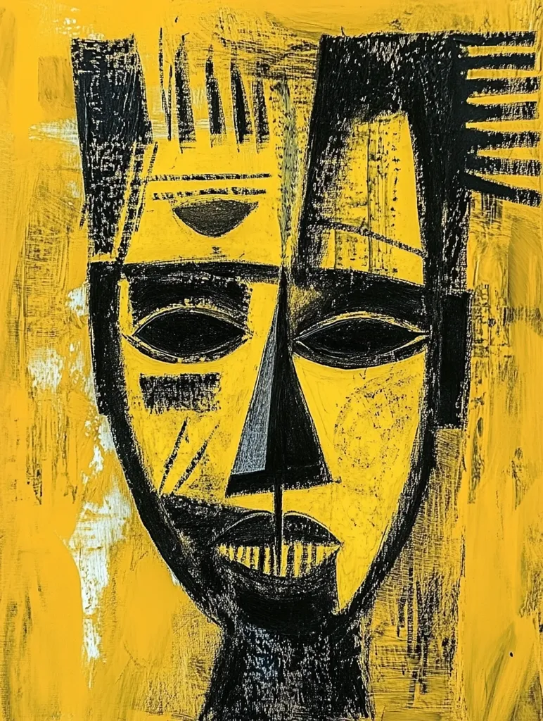 A stylized portrait, rendered in bold black and vibrant yellow, depicts a face with angular features.  The style is reminiscent of African tribal art, with simplified forms and textured brushstrokes. The background is a textured yellow, contrasting with the stark black lines defining the face's structure and features.  The overall effect is bold and expressive.