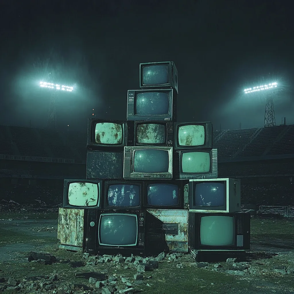 A nighttime scene depicts a large stack of vintage, weathered televisions in an abandoned stadium under stadium lights.  The TVs are stacked haphazardly, showing signs of age and decay. The overall atmosphere is dark, moody, and evocative of a post-apocalyptic or dystopian setting. The juxtaposition of the outdated technology with the stadium creates a sense of forgotten spectacle.
