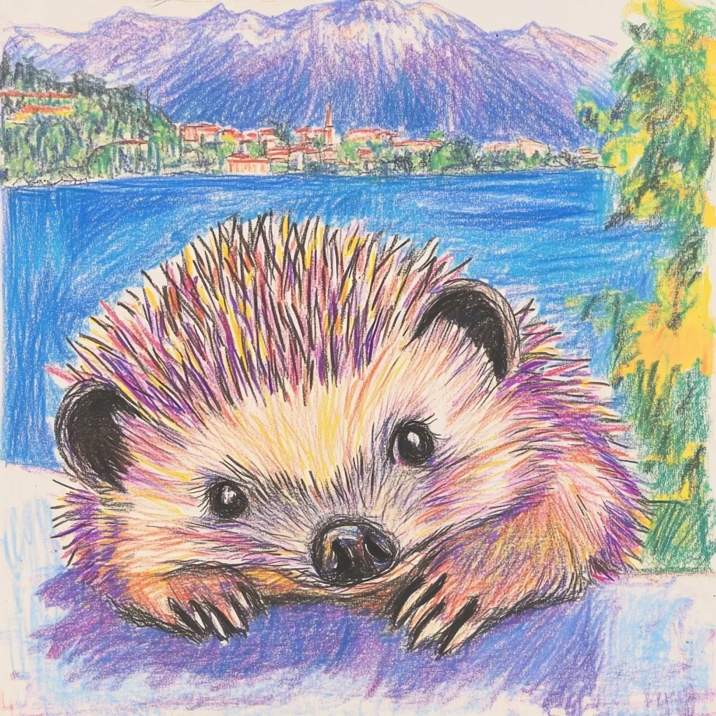 A colorful crayon drawing depicts a hedgehog resting its front paws on a surface.  Its quills are rendered in vibrant hues of purple, yellow, and orange. The background showcases a picturesque lakeside town nestled against a mountain range, suggesting a tranquil, idyllic setting. The hedgehog's expressive eyes and soft fur add to its charm.