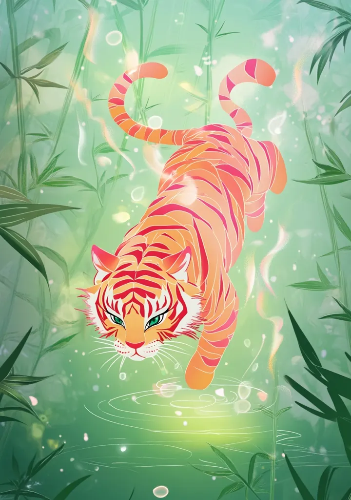 A stylized orange tiger, with vibrant red stripes, gracefully descends towards a tranquil pool of water amidst a lush bamboo forest.  Soft, glowing particles surround the tiger, adding a mystical, ethereal quality to the scene.  The overall style is reminiscent of East Asian art, with a focus on smooth lines and a calming color palette.