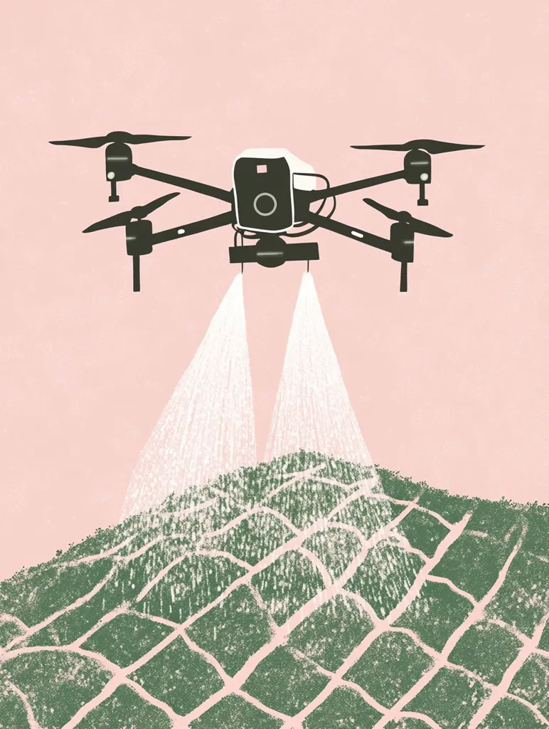 A stylized illustration depicts a drone spraying a field from above. The drone is centrally positioned against a pale pink background, with two downward-pointing spray nozzles emitting a fine mist onto a geometrically patterned green field below. The image suggests precision agriculture and technological advancement in farming.