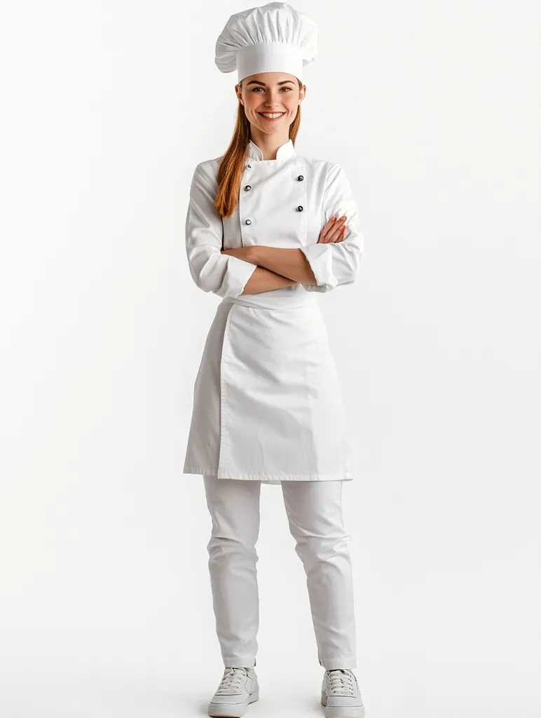 A smiling female chef stands against a white background, arms crossed. She wears a pristine white chef's uniform, complete with a tall toque, jacket, and pants.  Her confident posture and attire project professionalism and culinary expertise.  The overall image is clean and bright, emphasizing the chef's preparedness and positive attitude.