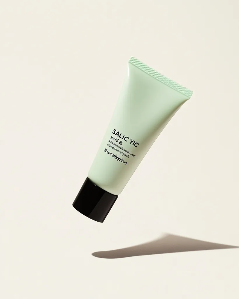 A pale green tube of Salicylic Acid & Eucalyptus cream floats against a beige background.  The tube is slightly angled, showcasing the product name and a description highlighting salicylic acid and eucalyptus benefits. The black cap is visible at the bottom.  The image emphasizes a clean, minimalist aesthetic.